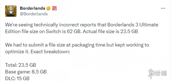  《无主之地3》官方辟谣：Switch版实际大小为23.5GB 热门新闻 第1张